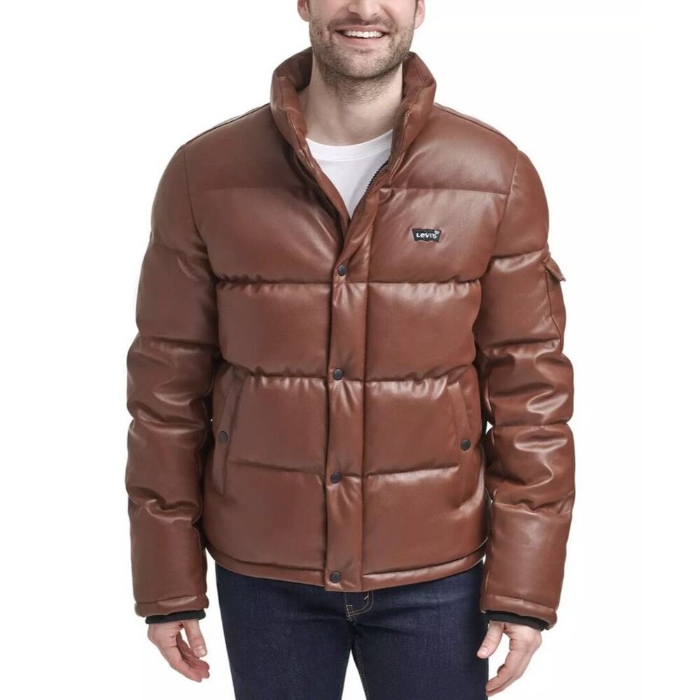 Levi's Bubble Puffer Coat Jacket Faux Leather Saddle Brown Large LM1RU088 Quilt